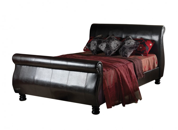 King Size Brown Faux Leather Bed Frame, Brown Leather Sleigh Bed King Size