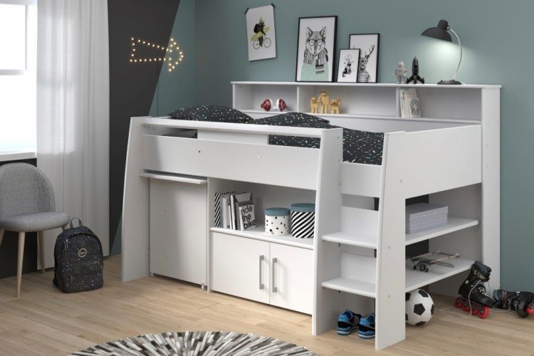 white mid sleeper bed with desk