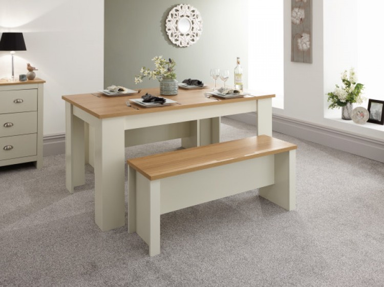 120cm /& 150cm The Furniture Warehouse Lancaster Dining Table /& Bench Set Cream or Grey with Oak Tops#Cream 120cm GFW