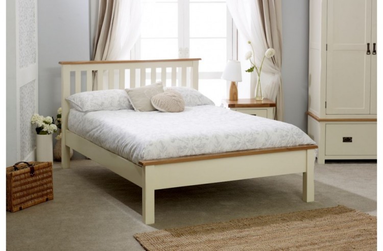 Oak Wooden Bed Frame With Low Footend, Cream Bed Frame