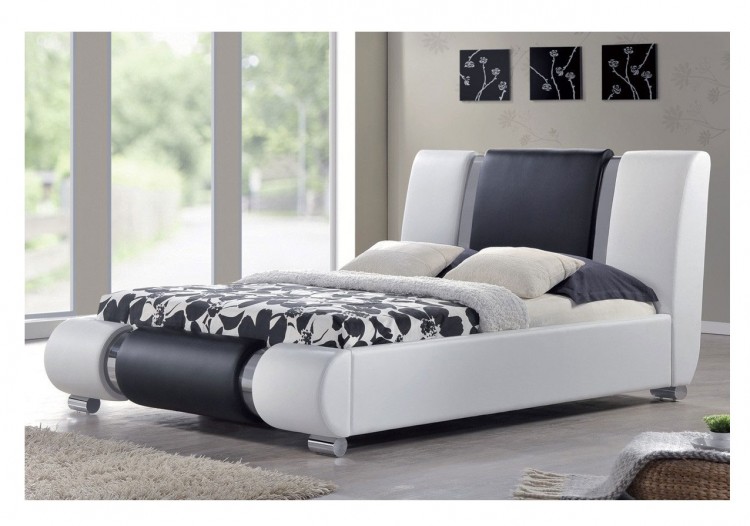 White With Black Faux Leather Bed Frame, Italian Leather Bed