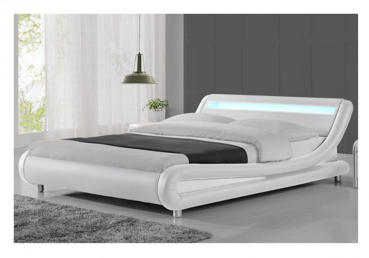 Sleep Design Barcelona 4ft6 Double, White Leather Sleigh Bed Frame