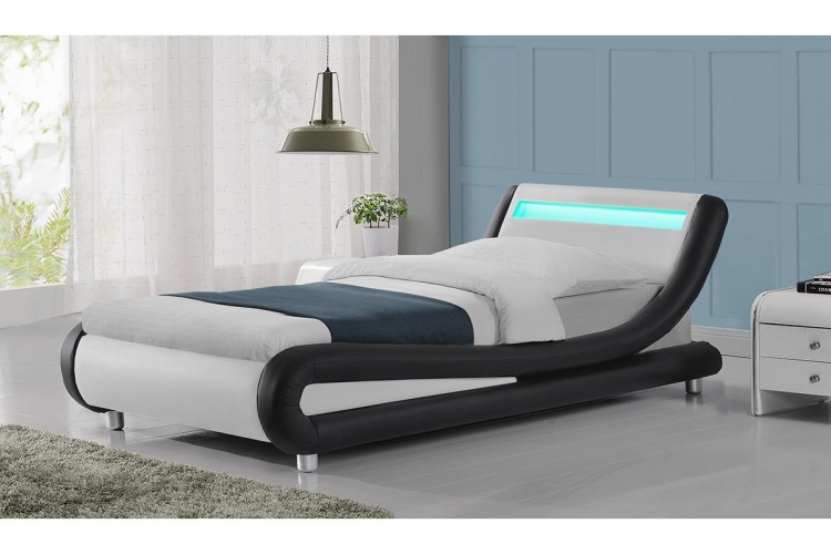 Faux Leather Bed Frame With Led Lights, Black And White Leather Bed