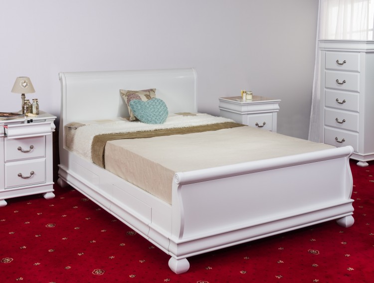 White Wooden Sleigh Bed Frame, Wood Sleigh Bed King Size