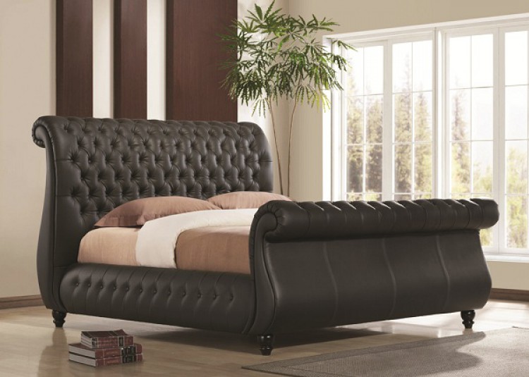 5ft Kingsize Real Leather Bed Frame, King Size Leather Sleigh Bed