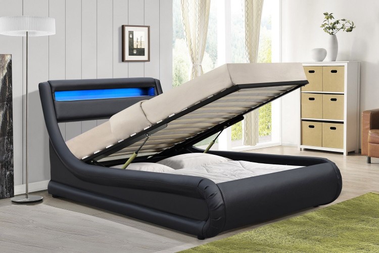 Black Faux Leather Ottoman Bed Frame, Queen Bed Frame With Lights